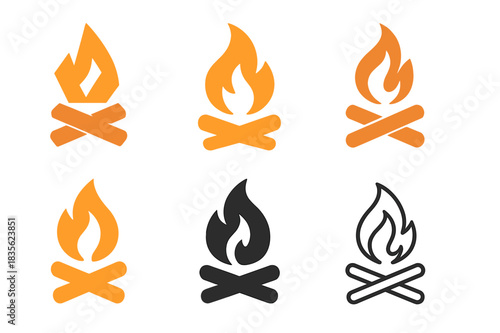 Campfire Logo Variations. Campfire. Icon set. Set Logo of campfire: Geometric fire icon. harmonious logo variations of the same emblematic concept, each with