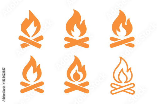 Campfire Logo Variations. Campfire. Icon set. Set Logo of campfire: Geometric fire icon. harmonious logo variations of the same emblematic concept, each with