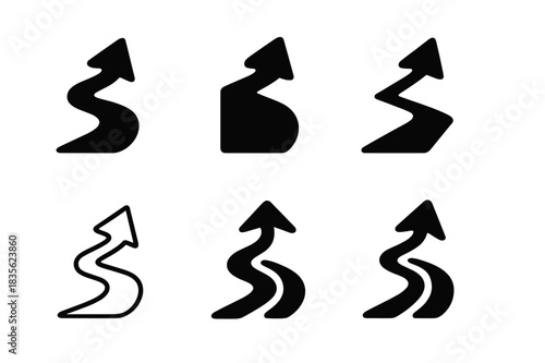 Trail Logo Variations. Trail. Icon set. Set Logo of trail: directional arrow on path. harmonious logo variations of the same emblematic concept, each with