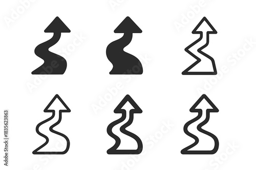 Trail Logo Variations. Trail. Icon set. Set Logo of trail: directional arrow on path. harmonious logo variations of the same emblematic concept, each with