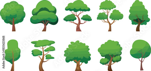 Cartoon tree illustration set featuring diverse foliage shapes and trunk styles for educational, environmental, and design themes.