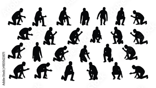 Kneeling and crouching people silhouettes isolated on white background, Vector