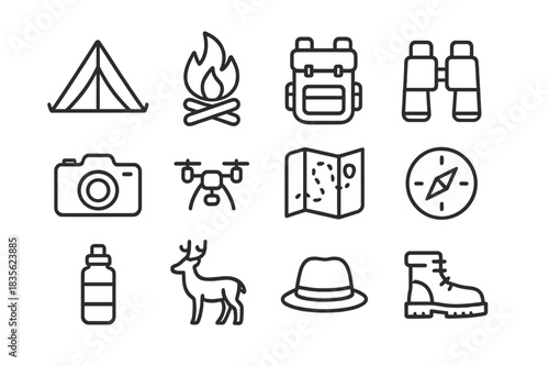 Camping Essentials Icon Set. Camping & Wildlife. Line icon set of Camping & Wildlife: tent, campfire, backpack, binoculars, camera, drone, map, compass, water