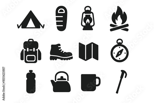Camping Essentials Icons. Camping trip. Solid icon set of camping trip: tent, sleeping bag, lantern, campfire, backpack, hiking boots, map, compass, water