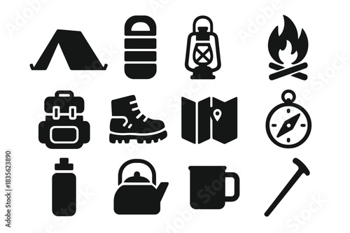 Camping Essentials Icons. Camping trip. Solid icon set of camping trip: tent, sleeping bag, lantern, campfire, backpack, hiking boots, map, compass, water