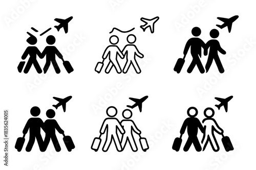 Travel Icon Set. Traveling together. Icon set. Set Logo of friends boarding airplane. harmonious logo variations of the same emblematic concept (Abstract