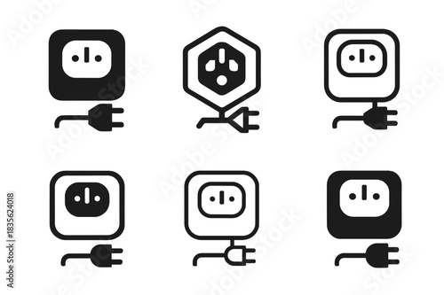 Travel Gear Logos. travel gear. Icon set. Set Logo of travel gear: power adapter. harmonious logo variations of the same emblematic concept, each