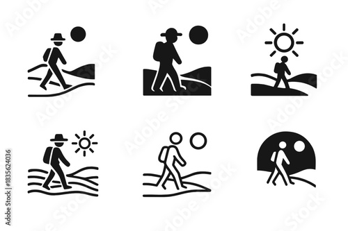 Traveler Emblem Variations. Person walking through a barren landscape. Icon set. Set Logo of barren landscape: traveler under sun icon. harmonious logo