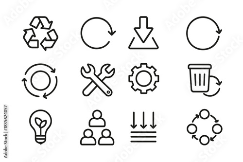 Circular Economy Icons. Circular economy. Line icon set of circular economy: recycling arrows, reuse symbol, reduce icon, closed loop, product lifecycle,