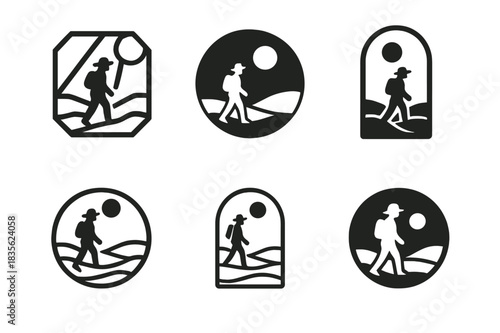 Traveler Emblem Variations. Person walking through a barren landscape. Icon set. Set Logo of barren landscape: traveler under sun icon. harmonious logo