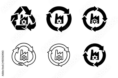 Circular Manufacturing Logos. Circular economy principles in manufacturing. Icon set. Set Logo of circular economy in manufacturing: assembly-reuse-disassemble