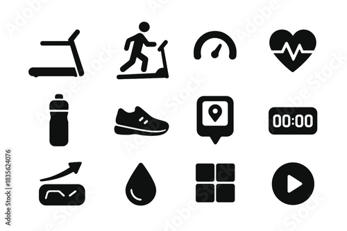 Treadmill Icon Set. Treadmill running. Solid icon set of treadmill running: treadmill machine, running person, speed settings, heart rate monitor, water