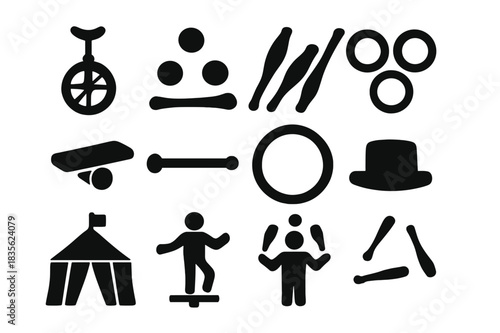 Circus Arts Icons. Learning Circus Arts. Solid icon set of unicycle, juggling balls, clubs, rings, tightrope, balance board, baton, hula hoop, hat, circus