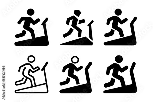 Treadmill Logo Variations. Treadmill workout. Icon set. Set Logo of treadmill workout: incline treadmill mode. harmonious logo variations of the same