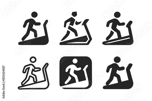 Treadmill Logo Variations. Treadmill workout. Icon set. Set Logo of treadmill workout: incline treadmill mode. harmonious logo variations of the same