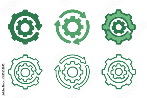 Circular Economy Logos. Circular economy principles in manufacturing. Icon set. Set Logo of circular economy in manufacturing: sustainable production chain.