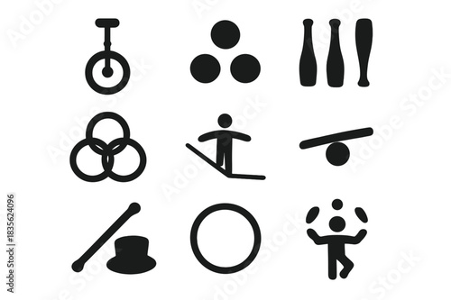 Circus Arts Icons. Learning Circus Arts. Solid icon set of unicycle, juggling balls, clubs, rings, tightrope, balance board, baton, hula hoop, hat, circus