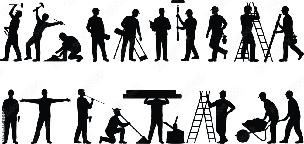 Obraz premium Construction worker silhouette set featuring diverse tasks, tools, and poses for labor, industry, and educational design themes.