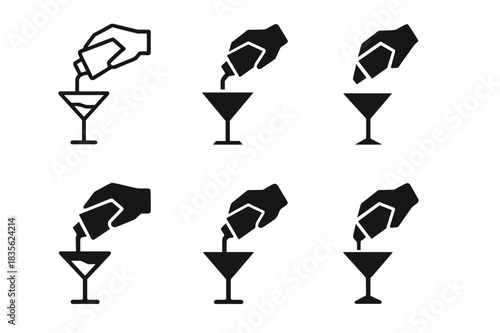 Cocktail Logo Variations. Cocktail mixing. Icon set. Set Logo of cocktail mixing: cocktail pouring action. harmonious logo variations of the same emblematic