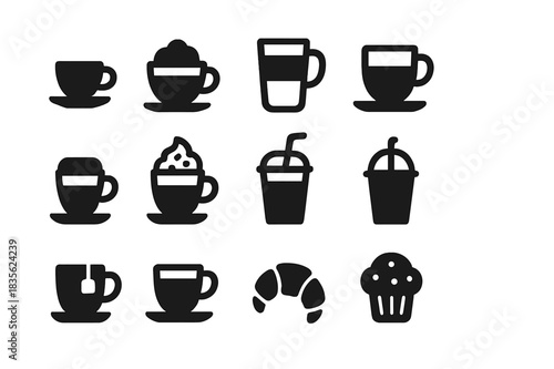 Coffee Shop Icons. Coffee shop menu. Solid icon set of coffee shop menu: espresso, cappuccino, latte, americano, macchiato, mocha, iced coffee, frappe, tea