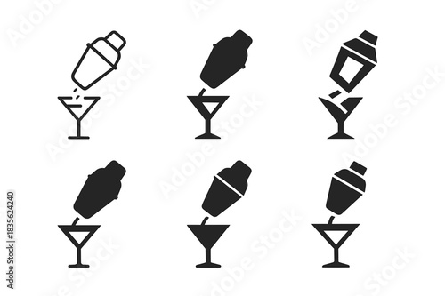 Cocktail Logo Variations. Cocktail mixing. Icon set. Set Logo of cocktail mixing: cocktail pouring action. harmonious logo variations of the same emblematic
