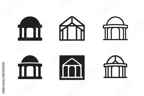 Urban Pavilion Logos. Urban pavilion. Icon set. Set Logo of urban pavilion: open-air structure. harmonious logo variations of the same emblematic concept, each