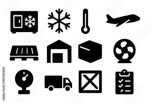 Cold Chain Icons. Cold Chain Air Freight. Solid icon set of Cold Chain Air Freight: refrigerated container, snowflake, thermometer, cargo plane, pallet,