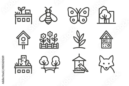 Urban Nature Icons. Urban biodiversity. Line icon set of urban biodiversity: rooftop plants, urban bee, butterfly, city tree, birdhouse, pollinator garden,