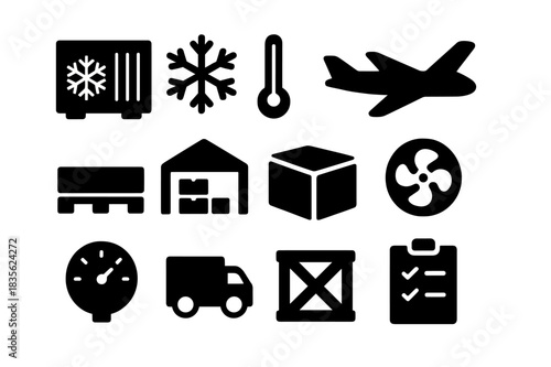 Cold Chain Icons. Cold Chain Air Freight. Solid icon set of Cold Chain Air Freight: refrigerated container, snowflake, thermometer, cargo plane, pallet,