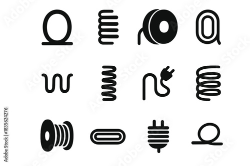 Coiled Cable Icons. Coiled cables. Solid icon set of Coiled cables: looped cable, spiral wire, cable reel, flexible cord, spring coil, connector plug, cable