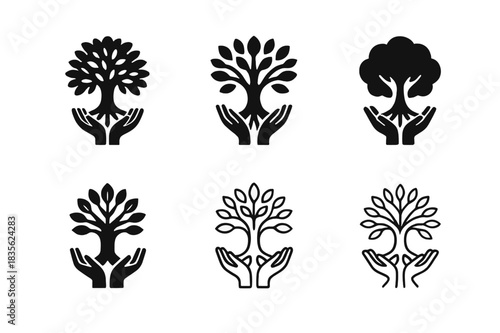 Collectivist Logo Variations. Collectivist. Icon set. Set Logo of collectivist: shared tree with multiple hands holding roots. harmonious logo variations of