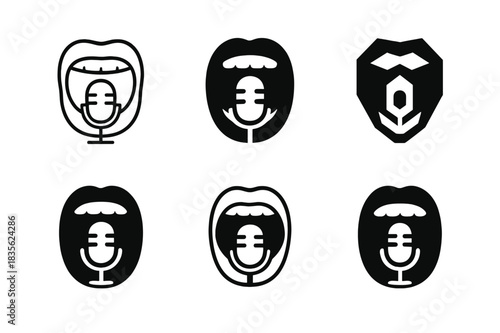 Comedy Podcast Logos. Comedy Podcast. Icon set. Set Logo of Comedy Podcast: open mouth with mic inside. harmonious logo variations of the same emblematic