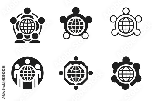 Collectivist Logo Variations. Collectivist. Icon set. Set Logo of collectivist: globe surrounded by connected people icons. harmonious logo variations of the