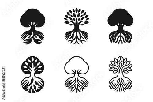 Collectivist Logo Variations. Collectivist. Icon set. Set Logo of collectivist: shared tree with multiple hands holding roots. harmonious logo variations of