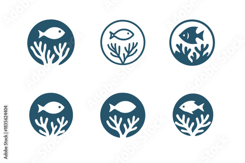 Coral Reef Logos. Coral reefs and marine life ecosystems. Icon set. Set Logo of coral reefs: ocean biodiversity symbol. harmonious logo variations of the same