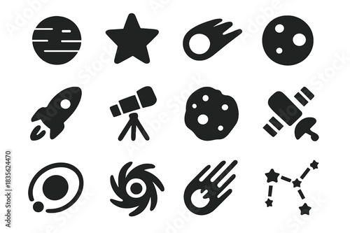 Cosmic Icon Collection. Universe Elements. Solid icon set of planet, star, comet, moon, rocket, telescope, asteroid, satellite, orbit, black hole, meteor,