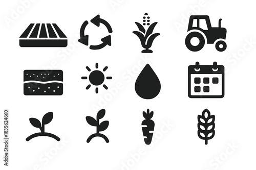 Crop Rotation Icons. Crop rotation. Solid icon set of Crop rotation: field plot, arrows indicating rotation, different plants, farm tractor, soil layers, sun,