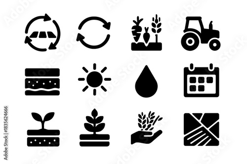 Crop Rotation Icons. Crop rotation. Solid icon set of Crop rotation: field plot, arrows indicating rotation, different plants, farm tractor, soil layers, sun,
