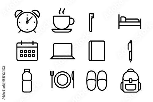 Daily Essentials Icons. Daily Essentials. Line icon set of Daily Essentials: alarm clock, coffee cup, toothbrush, bed, calendar, laptop, notebook, pen, water