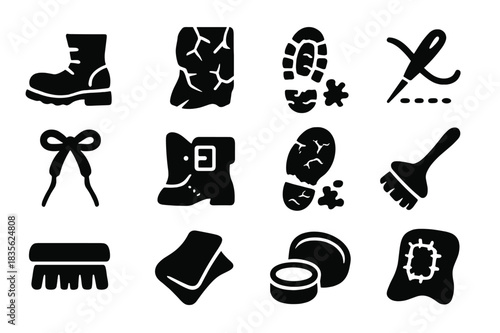 Vintage Boot Icons. Old boots. Solid icon set of old boots: boot, cracked leather, footprint, mud, lace, buckle, worn sole, stitch, brush, rag, shoe polish,