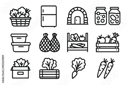 Vegetable Storage Icons. Storing Vegetables. Line icon set of Storing Vegetables: basket of vegetables, refrigerator, root cellar, glass jars,