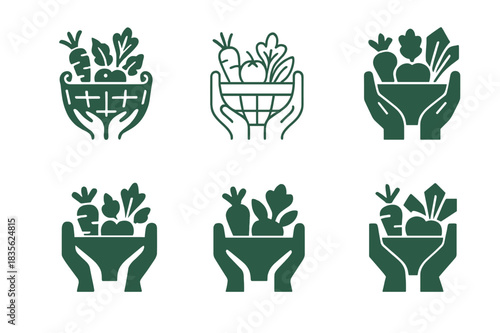 Vegetable Basket Logos. Carrying a basket of vegetables. Icon set. Set Logo of carrying a basket of vegetables: garden harvest basket. harmonious