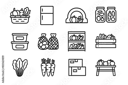 Vegetable Storage Icons. Storing Vegetables. Line icon set of Storing Vegetables: basket of vegetables, refrigerator, root cellar, glass jars,