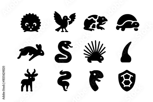 Defensive Behavior Icons. Defensive Behavior. Solid icon set of Defensive Behavior: puffed up animal, warning display, camouflage, shell hide, running prey,