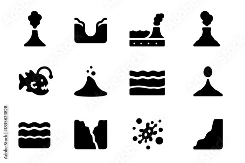 Deep Sea Icons. Deep sea environment. Solid icon set of Deep sea environment: hydrothermal vent, abyss, sea floor, black smoker, bioluminescent fish, undersea