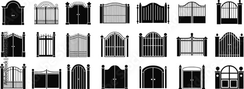 Stylized gate silhouette illustration set featuring diverse architectural shapes and decorative details for design, planning, and educational themes.