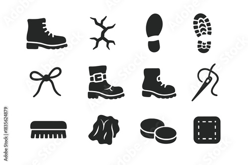 Vintage Boot Icons. Old boots. Solid icon set of old boots: boot, cracked leather, footprint, mud, lace, buckle, worn sole, stitch, brush, rag, shoe polish,