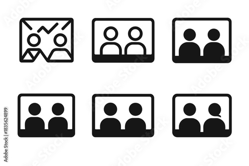 Virtual Collaboration Icons. Virtual team body language. Icon set. Set Logo of virtual communication: collaborative screens. harmonious logo variations of the