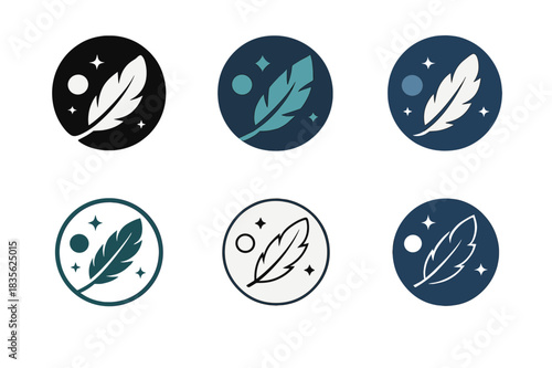 Weightlessness Logo Set. Weightlessness. Icon set. Set Logo of weightlessness: Feather drifting in space. harmonious logo variations of the same emblematic