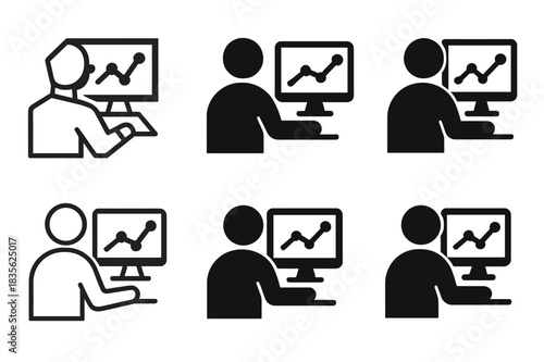 Digital Marketing Logo Variations. A digital marketing expert analyzing social media performance on a computer. Icon set. Set Logo of a digital marketing